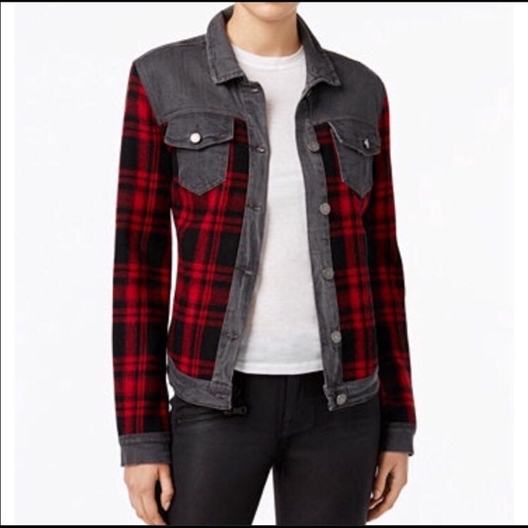 William Rast Jackets & Blazers - William Rast Red Black Plaid Gray Jean Jacket SZ L